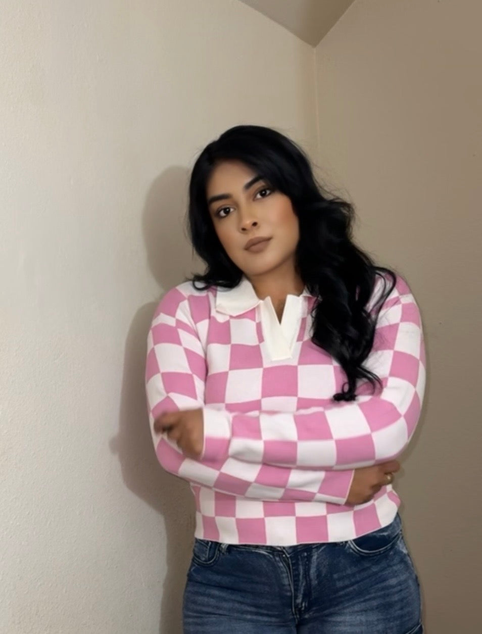 Sweet Check Polo Knit- Pink
